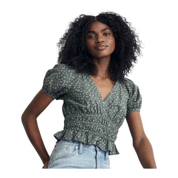 Madewell Poplin Puff-Sleeve Smocked Crop Top  Size XS - Picture 1 of 8